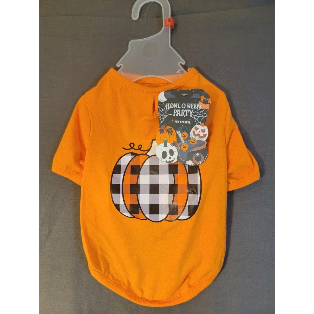 Howl-O-Ween Party Pumpkin Dog Shirt Small Orange NEW Plaid Halloween Pet Tee